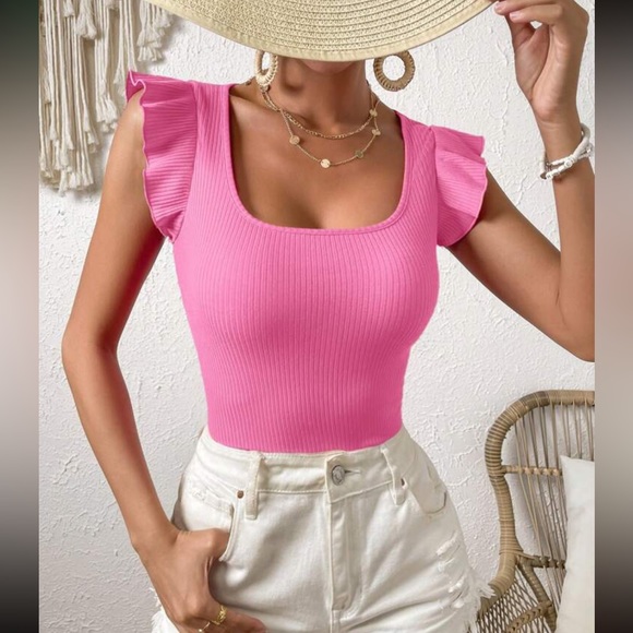Baby pink Boho ruffle trim ribbed knit top - Picture 1 of 15